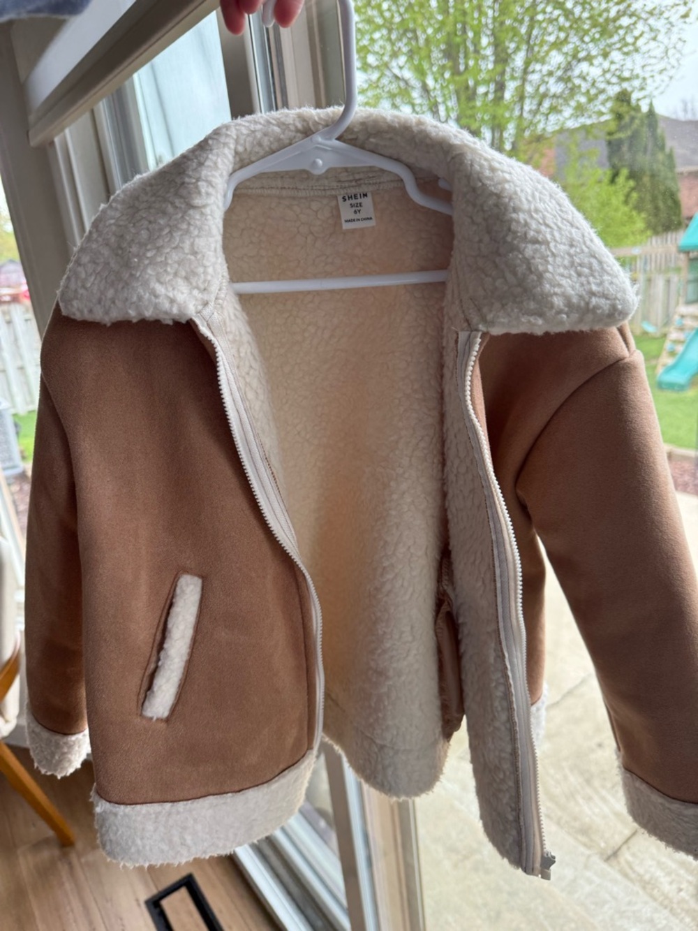 SHEIN Tan Faux Suede Jacket with Cream Sherpa Lining